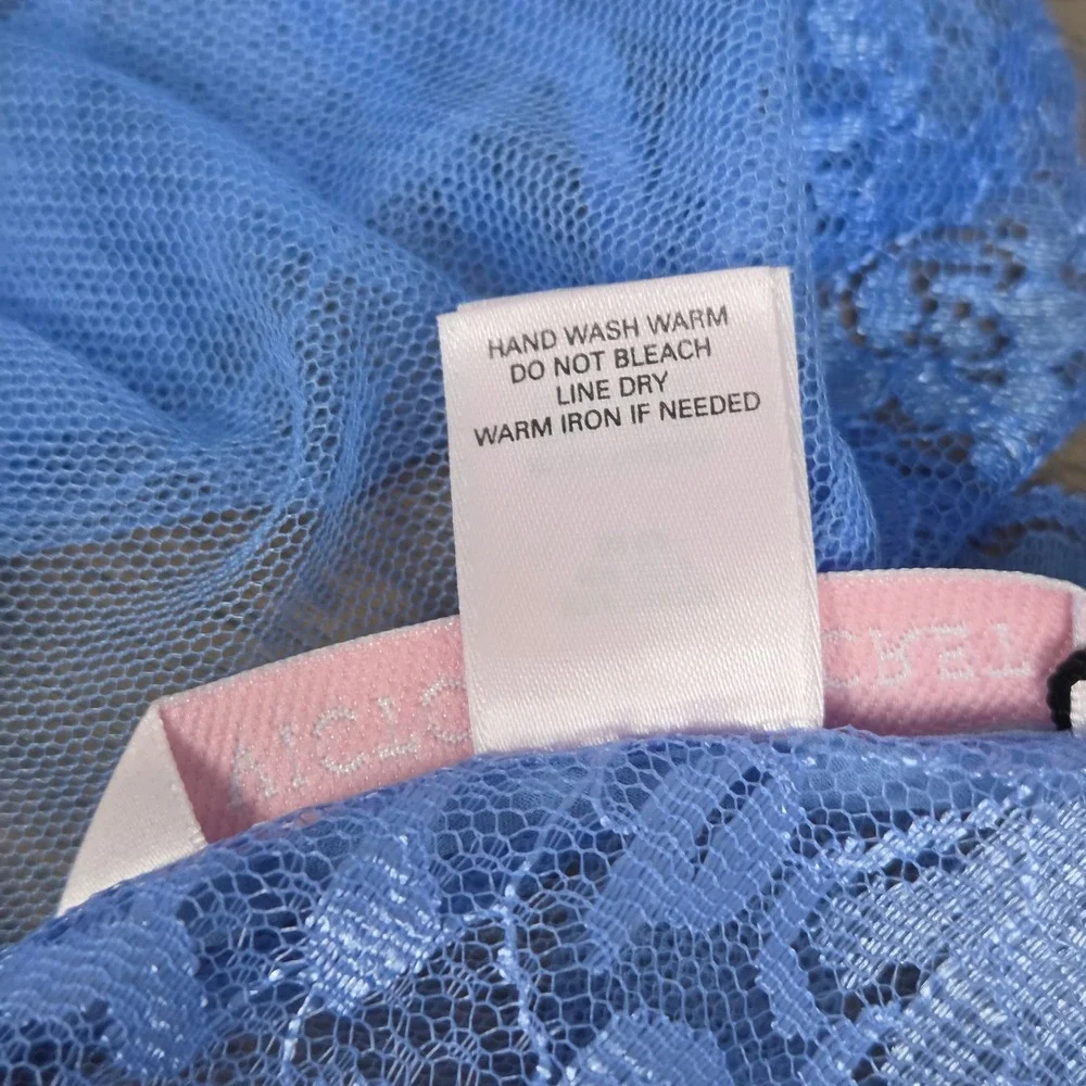 Victoria's Secret Women's S Y2K Babydoll Sheer Lace Tie Front Silk Trim Blue